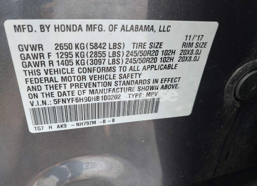 Photo 9 of 2017 Honda Pilot TOURING (VIN 5FNYF6H90HB100202)