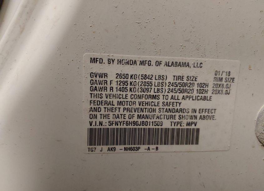 Photo 9 of 2018 Honda Pilot TOURING (VIN 5FNYF6H90JB011509)