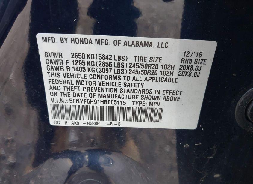 Photo 9 of 2017 Honda Pilot TOURING (VIN 5FNYF6H91HB005115)