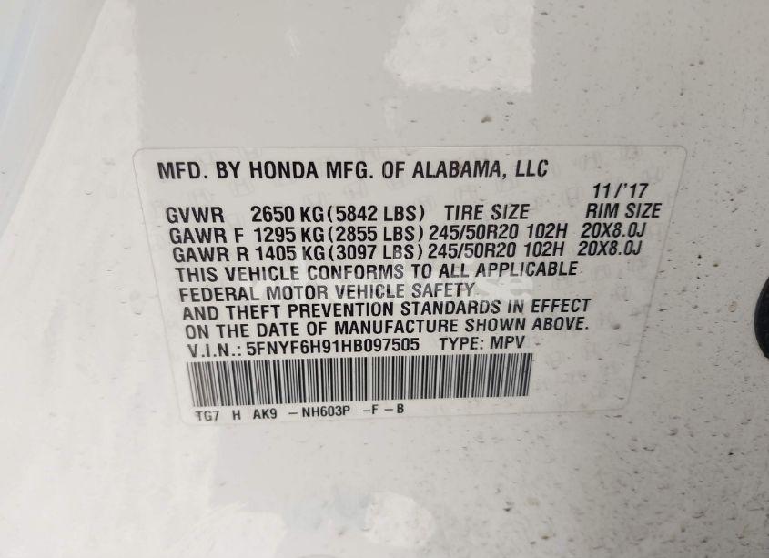 Photo 9 of 2017 Honda Pilot TOURING (VIN 5FNYF6H91HB097505)