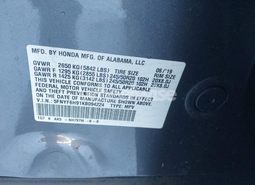 Photo 9 of 2019 Honda Pilot TOURING (VIN 5FNYF6H91KB094224)