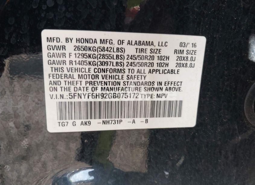 Photo 9 of 2016 Honda Pilot TOURING (VIN 5FNYF6H92GB075172)