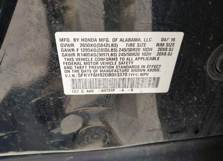 Photo 9 of 2016 Honda Pilot TOURING (VIN 5FNYF6H92GB083370)