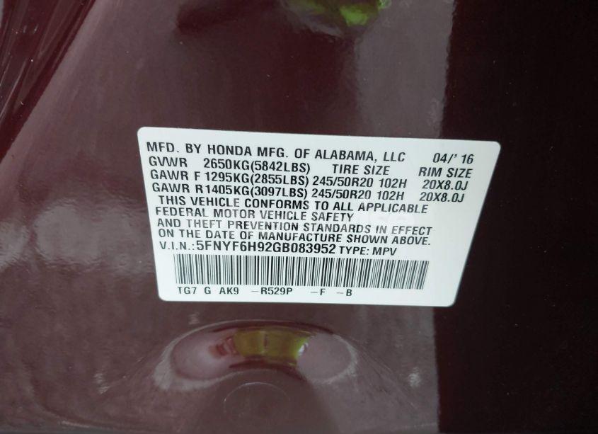 Photo 9 of 2016 Honda Pilot TOURING (VIN 5FNYF6H92GB083952)