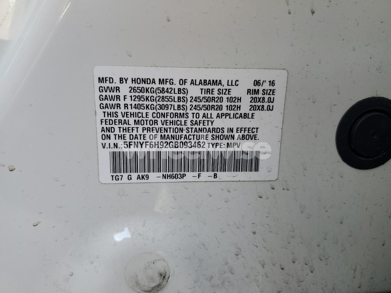 Photo 13 of 2016 HONDA PILOT TOURING (VIN 5FNYF6H92GB093462)