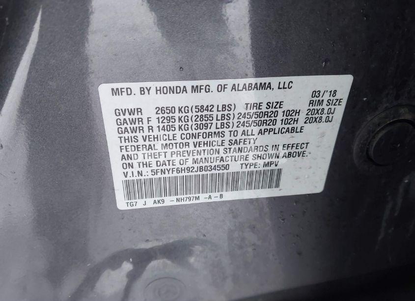 Photo 9 of 2018 Honda Pilot TOURING (VIN 5FNYF6H92JB034550)