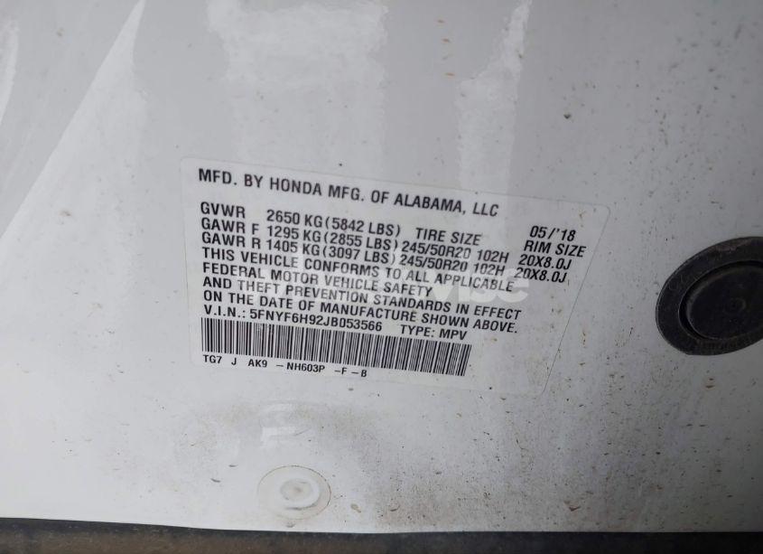 Photo 9 of 2018 Honda Pilot TOURING (VIN 5FNYF6H92JB053566)