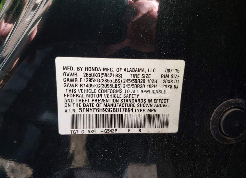 Photo 9 of 2016 Honda Pilot TOURING (VIN 5FNYF6H93GB017894)