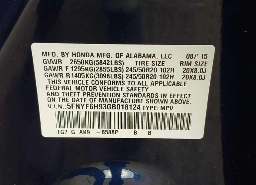 Photo 9 of 2016 Honda Pilot TOURING (VIN 5FNYF6H93GB018124)