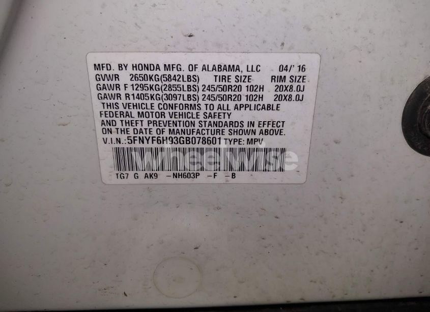 Photo 9 of 2016 Honda Pilot TOURING (VIN 5FNYF6H93GB078601)