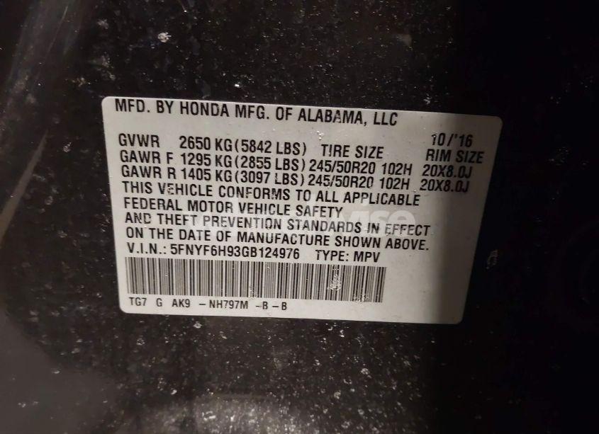 Photo 9 of 2016 Honda Pilot TOURING (VIN 5FNYF6H93GB124976)