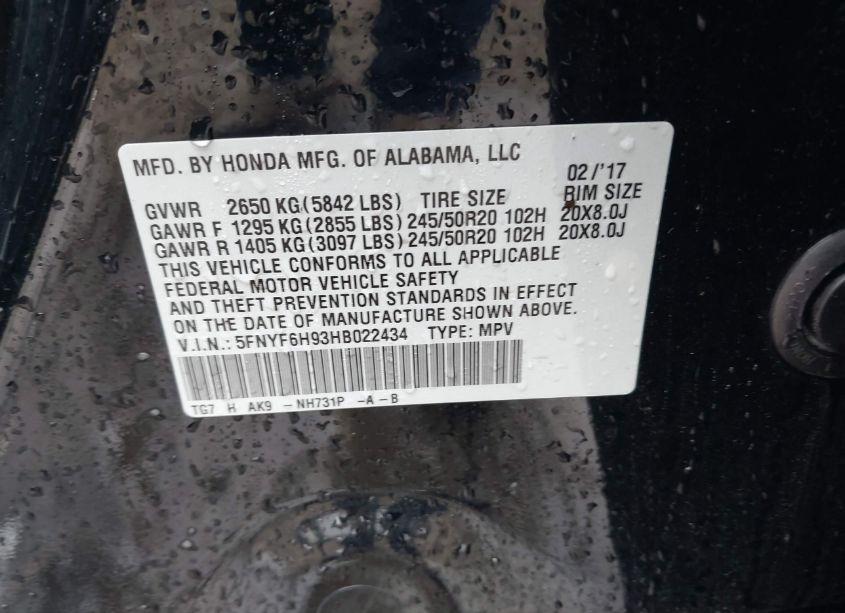 Photo 9 of 2017 Honda Pilot TOURING (VIN 5FNYF6H93HB022434)