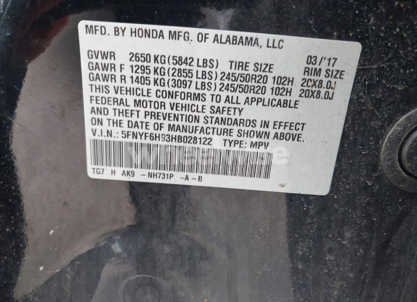 Photo 9 of 2017 Honda Pilot TOURING (VIN 5FNYF6H93HB028122)