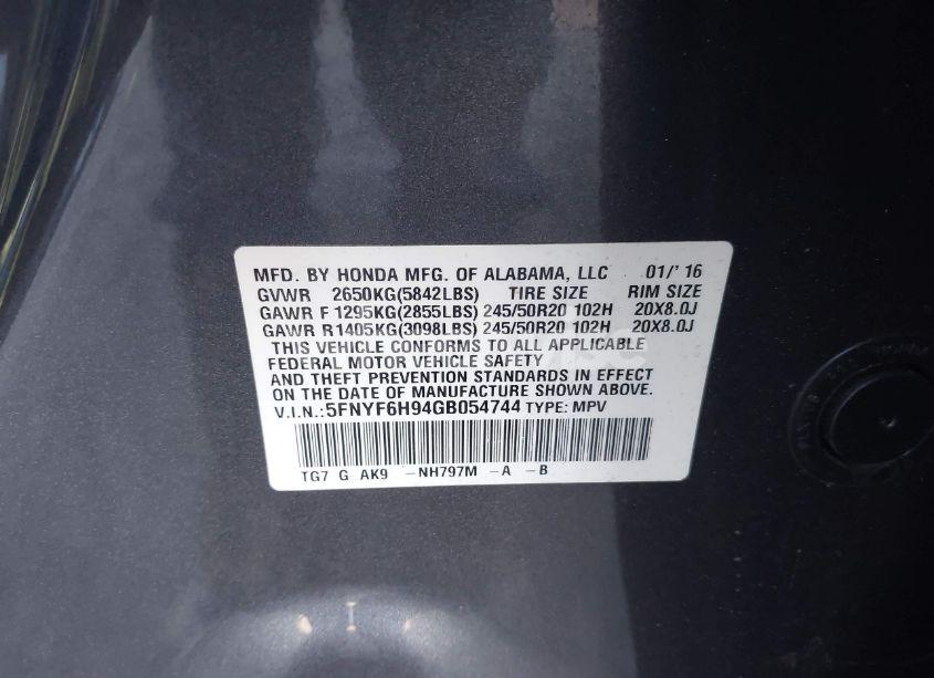 Photo 9 of 2016 Honda Pilot TOURING (VIN 5FNYF6H94GB054744)