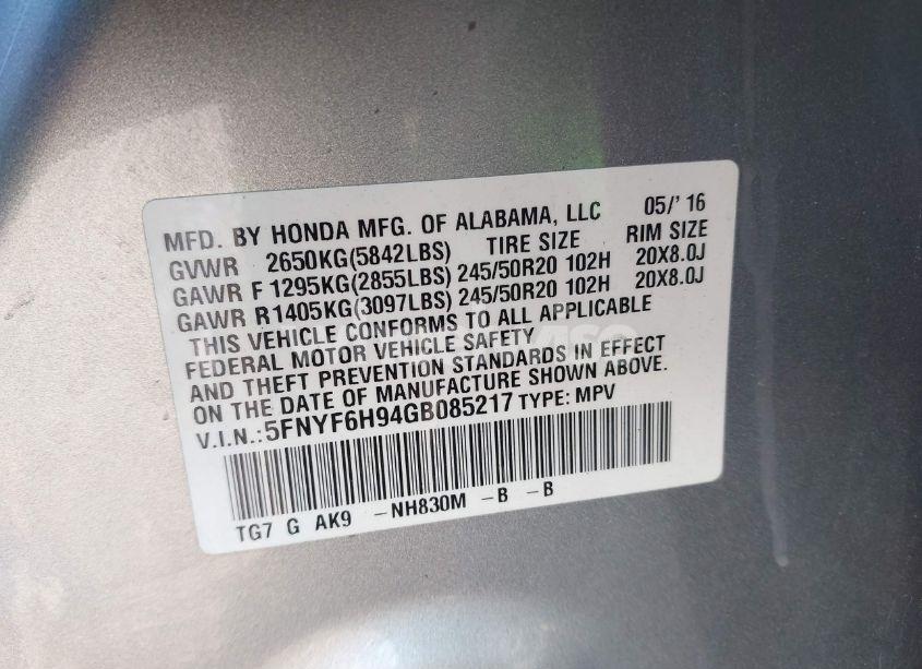 Photo 9 of 2016 Honda Pilot TOURING (VIN 5FNYF6H94GB085217)