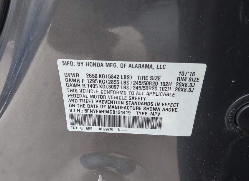 Photo 9 of 2016 Honda Pilot TOURING (VIN 5FNYF6H94GB124419)