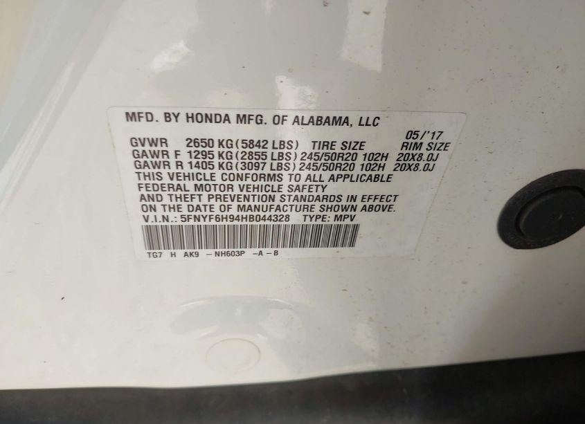 Photo 9 of 2017 Honda Pilot TOURING (VIN 5FNYF6H94HB044328)