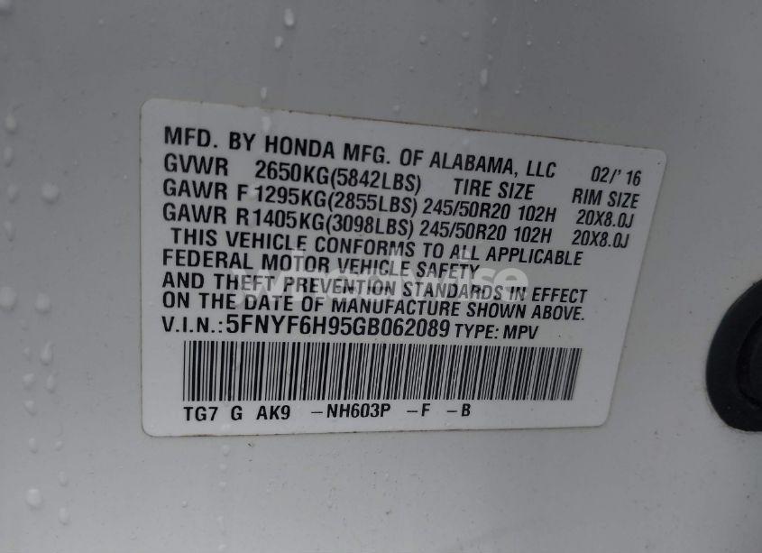 Photo 9 of 2016 Honda Pilot TOURING (VIN 5FNYF6H95GB062089)