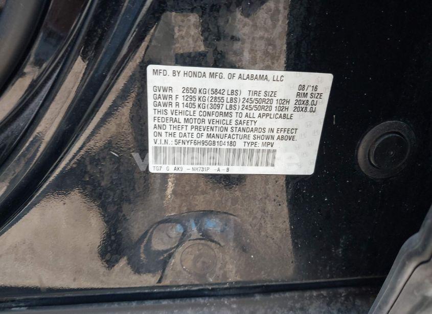 Photo 9 of 2016 Honda Pilot TOURING (VIN 5FNYF6H95GB104180)