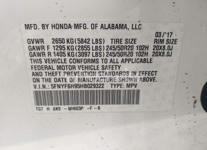 Photo 9 of 2017 Honda Pilot TOURING (VIN 5FNYF6H95HB029322)