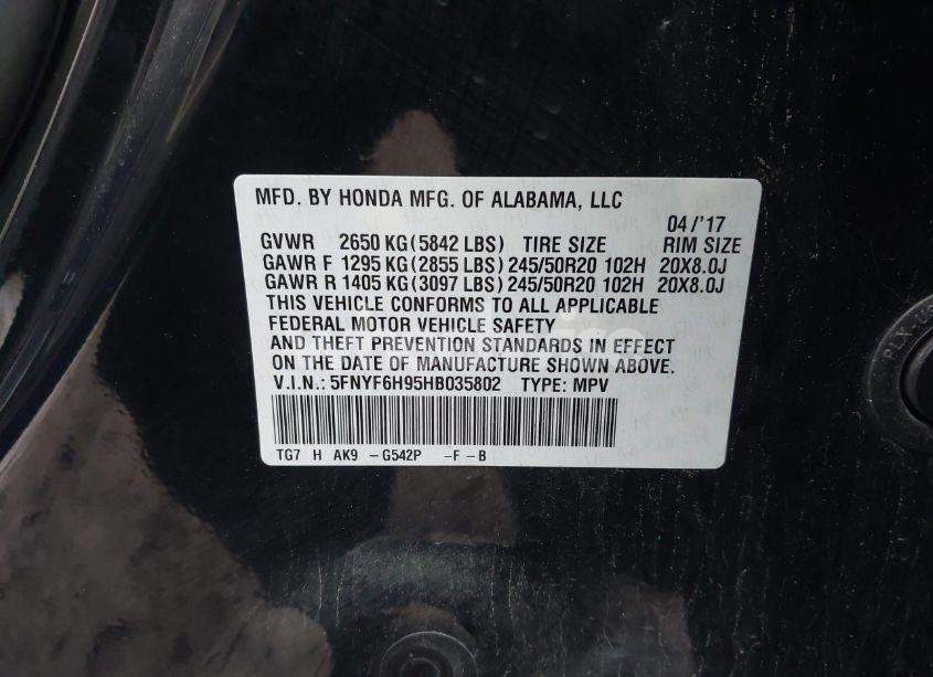 Photo 9 of 2017 Honda Pilot TOURING (VIN 5FNYF6H95HB035802)