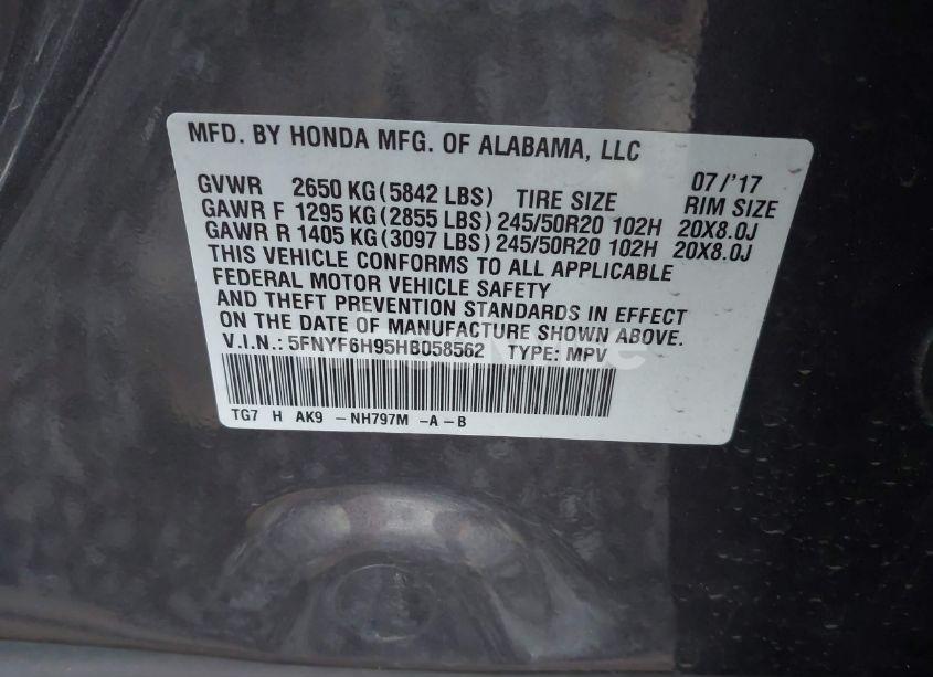 Photo 9 of 2017 Honda Pilot TOURING (VIN 5FNYF6H95HB058562)