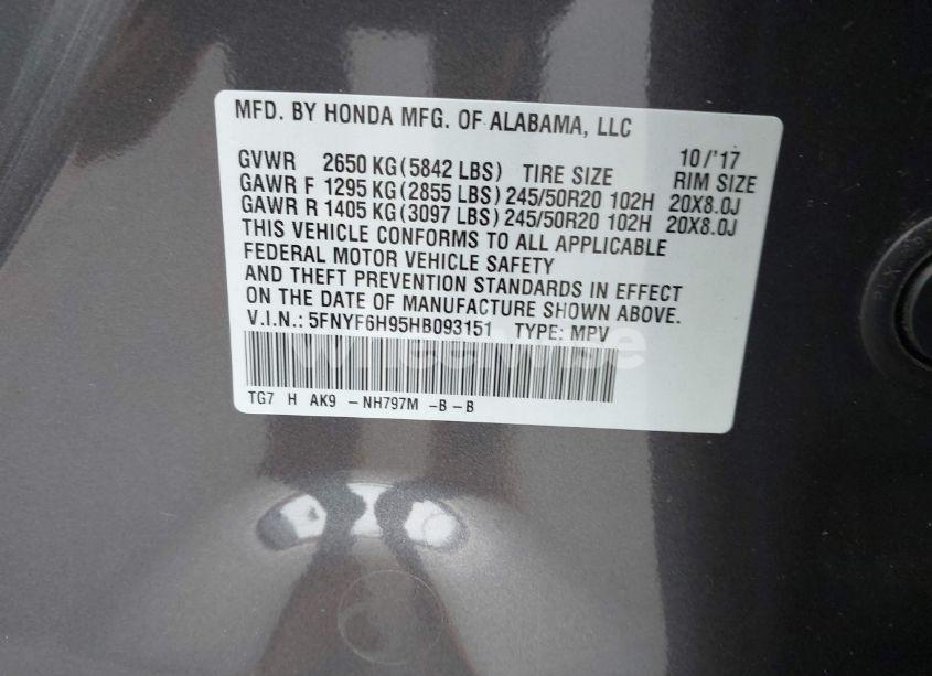 Photo 9 of 2017 Honda Pilot TOURING (VIN 5FNYF6H95HB093151)