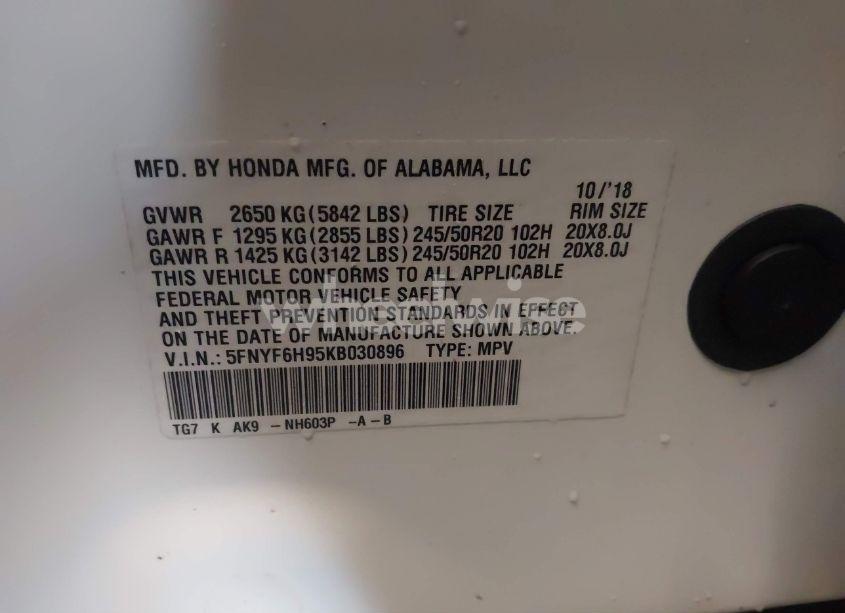 Photo 9 of 2019 Honda Pilot TOURING (VIN 5FNYF6H95KB030896)