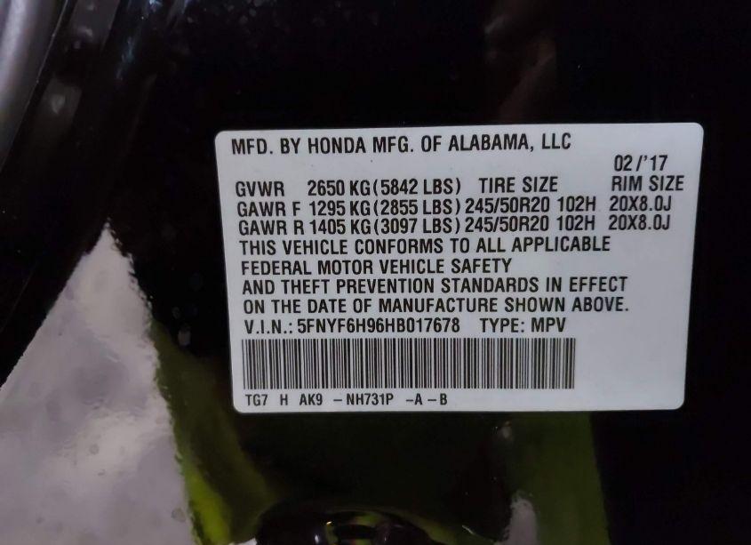 Photo 9 of 2017 Honda Pilot TOURING (VIN 5FNYF6H96HB017678)