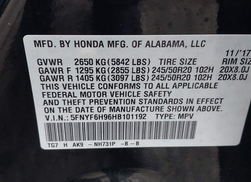 Photo 9 of 2017 Honda Pilot TOURING (VIN 5FNYF6H96HB101192)