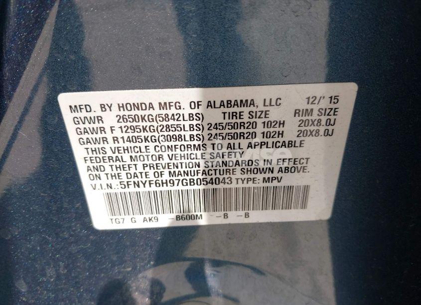 Photo 9 of 2016 Honda Pilot TOURING (VIN 5FNYF6H97GB054043)