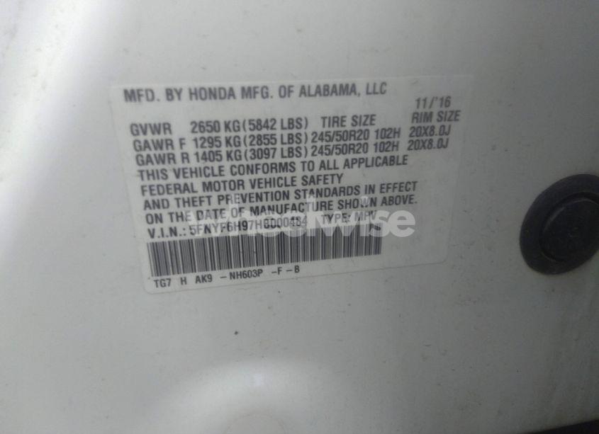 Photo 9 of 2017 Honda Pilot TOURING (VIN 5FNYF6H97HB000484)