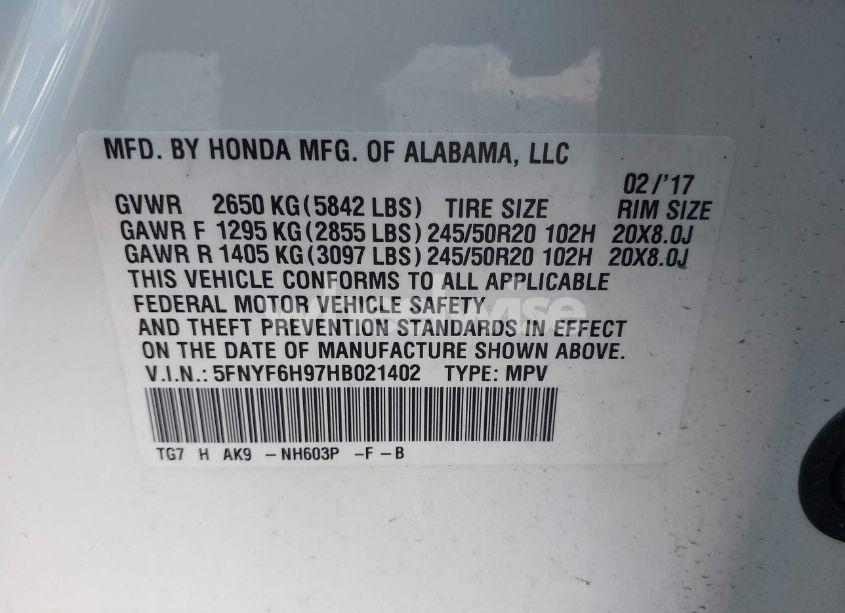 Photo 9 of 2017 Honda Pilot TOURING (VIN 5FNYF6H97HB021402)