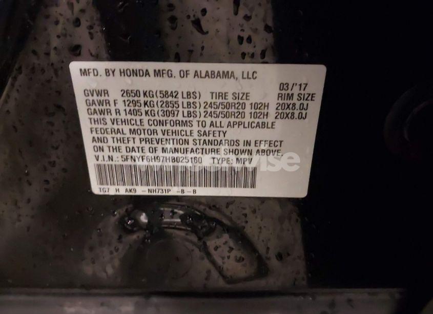 Photo 9 of 2017 Honda Pilot TOURING (VIN 5FNYF6H97HB025160)