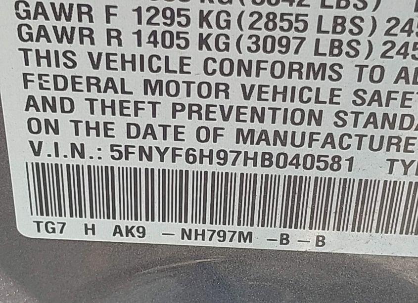 Photo 9 of 2017 Honda Pilot TOURING (VIN 5FNYF6H97HB040581)