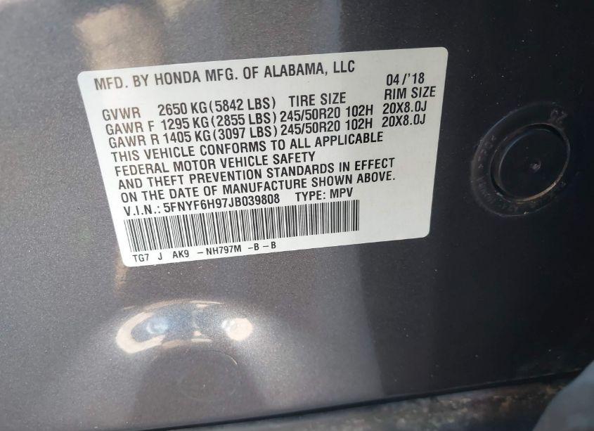 Photo 9 of 2018 Honda Pilot TOURING (VIN 5FNYF6H97JB039808)