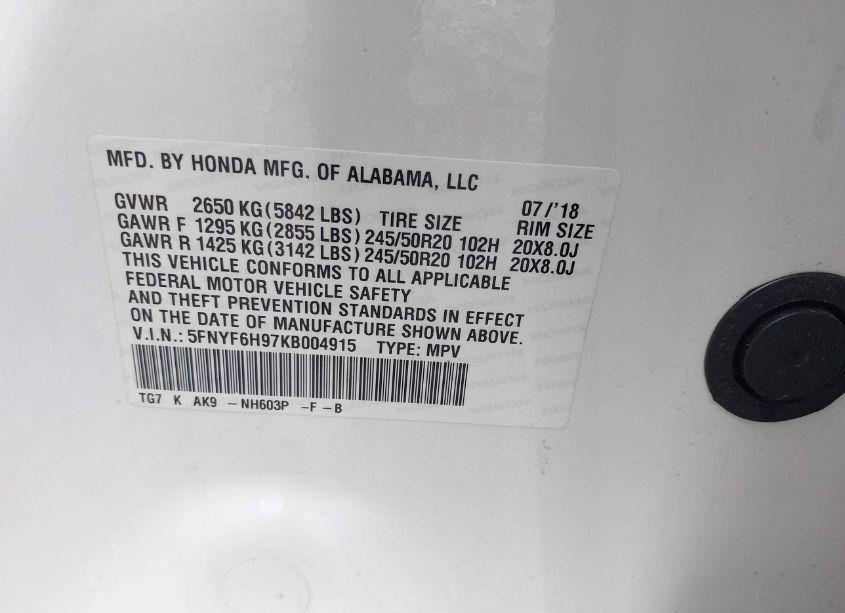 Photo 9 of 2019 Honda Pilot TOURING (VIN 5FNYF6H97KB004915)