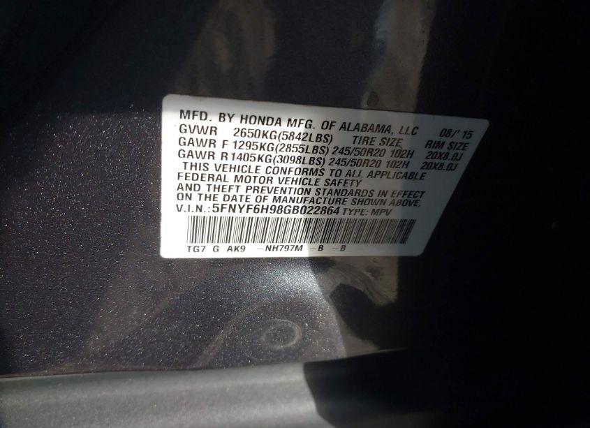 Photo 9 of 2016 Honda Pilot TOURING (VIN 5FNYF6H98GB022864)