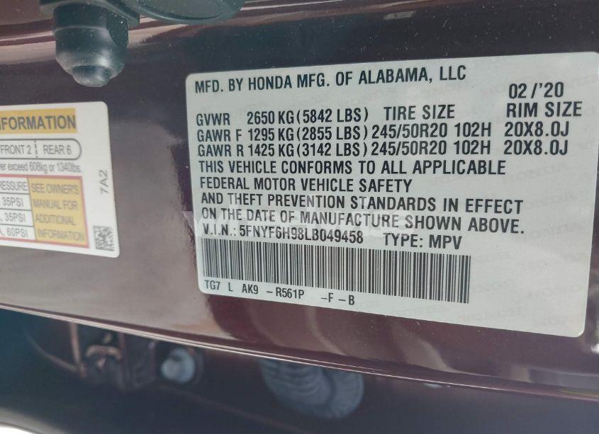 Photo 9 of 2020 Honda Pilot AWD TOURING 8 PASSENGER (VIN 5FNYF6H98LB049458)