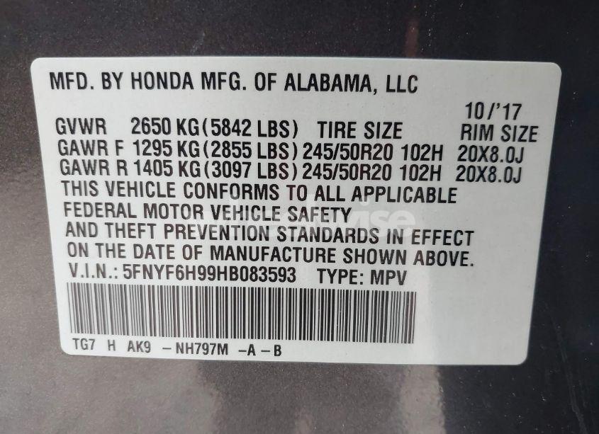 Photo 9 of 2017 Honda Pilot TOURING (VIN 5FNYF6H99HB083593)