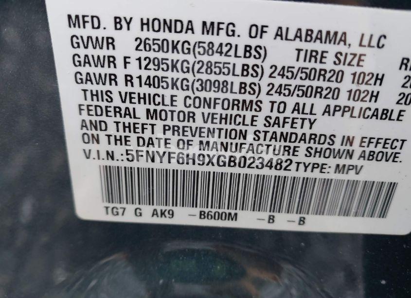 Photo 9 of 2016 Honda Pilot TOURING (VIN 5FNYF6H9XGB023482)