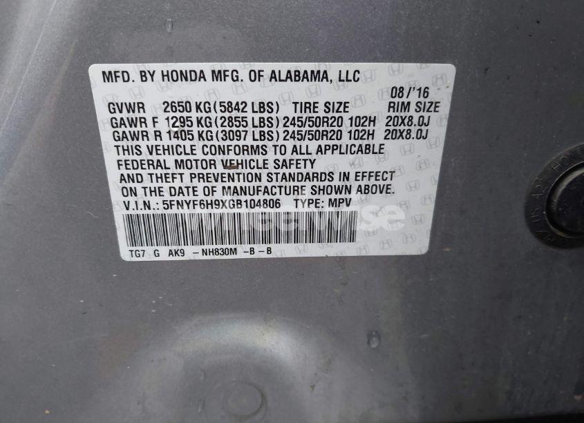 Photo 9 of 2016 Honda Pilot TOURING (VIN 5FNYF6H9XGB104806)