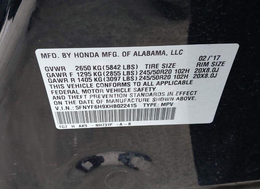 Photo 9 of 2017 Honda Pilot TOURING (VIN 5FNYF6H9XHB022415)