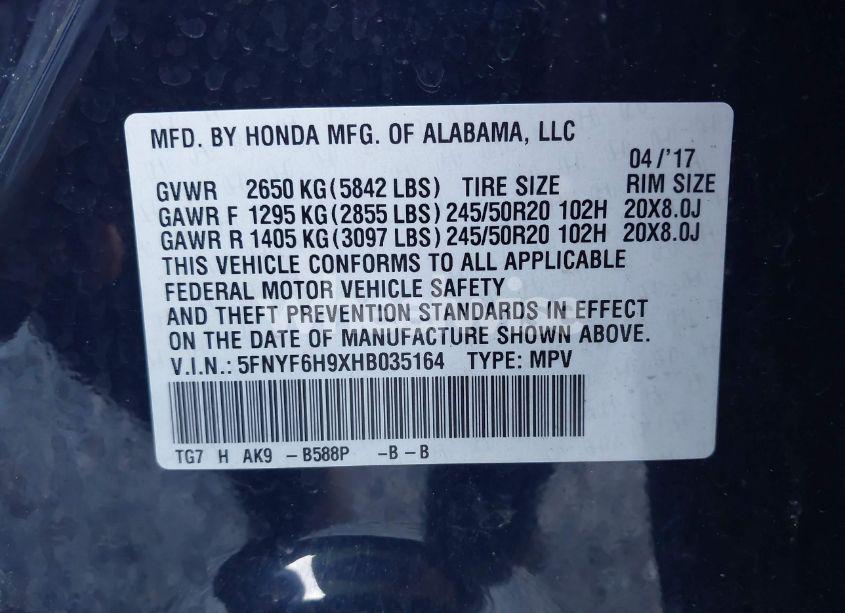 Photo 9 of 2017 Honda Pilot TOURING (VIN 5FNYF6H9XHB035164)