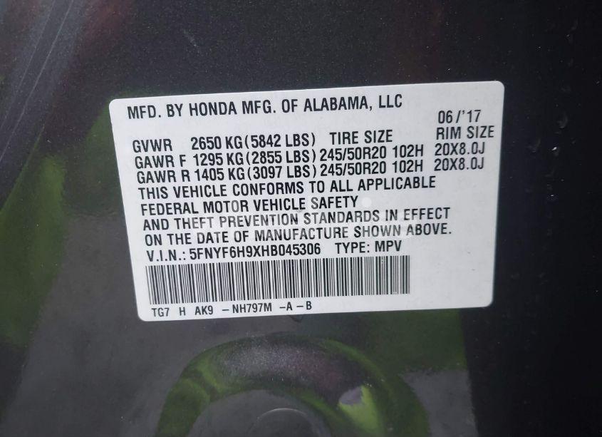 Photo 9 of 2017 Honda Pilot TOURING (VIN 5FNYF6H9XHB045306)