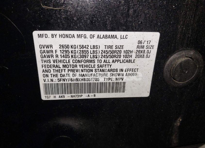 Photo 9 of 2017 Honda Pilot TOURING (VIN 5FNYF6H9XHB051705)