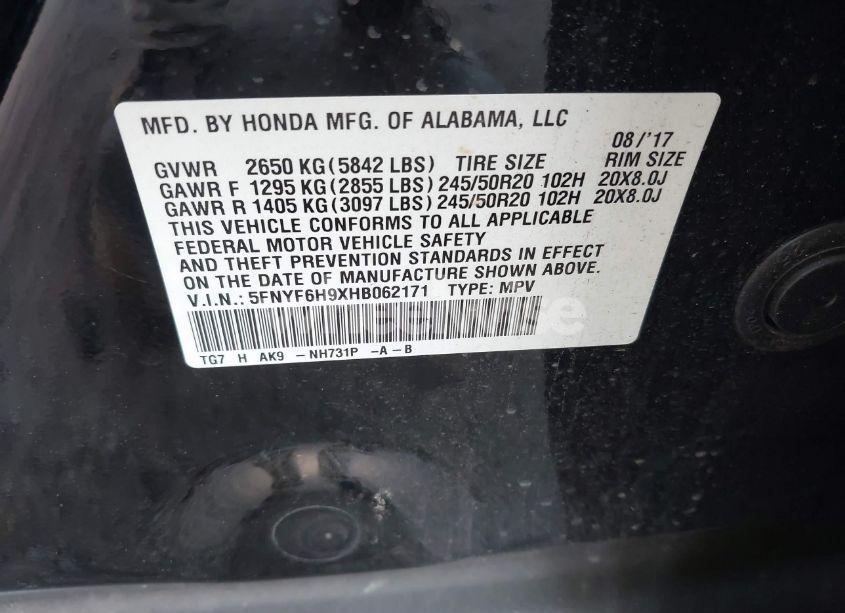 Photo 9 of 2017 Honda Pilot TOURING (VIN 5FNYF6H9XHB062171)