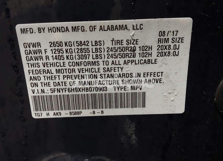 Photo 9 of 2017 Honda Pilot TOURING (VIN 5FNYF6H9XHB070903)