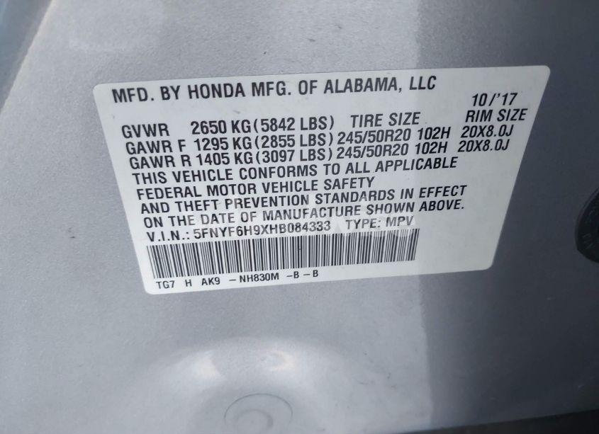 Photo 9 of 2017 Honda Pilot TOURING (VIN 5FNYF6H9XHB084333)