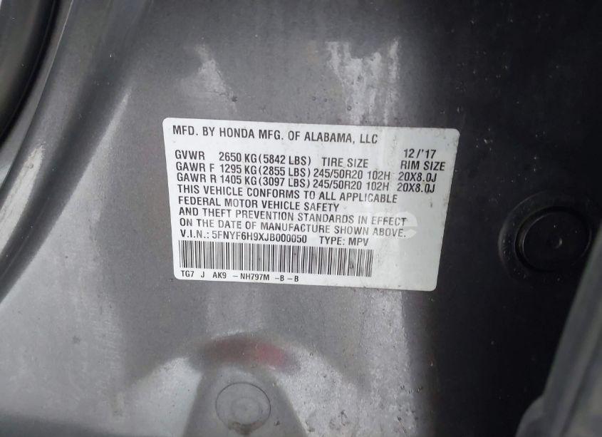 Photo 9 of 2018 Honda Pilot TOURING (VIN 5FNYF6H9XJB000050)